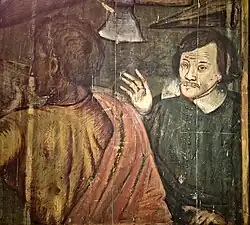Ausschnitte des Gemäldes von Johann Faistenauer auf der Rückseite des Marienaltars in der Berchtesgadener Pfarrkirche St. Andreas (li.: Bildmitte; re.: rechter Bildrand) – einer der beiden Männer mit weißem Kragen stellt den Künstler selbst dar.