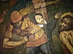 Ausschnitte des Gemäldes von Johann Faistenauer auf der Rückseite des Marienaltars in der Berchtesgadener Pfarrkirche St. Andreas (li.: Bildmitte; re.: rechter Bildrand) – einer der beiden Männer mit weißem Kragen stellt den Künstler selbst dar.