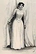 H M Pagets Schwägerin Florence Farr als Rebecca in Henrik Ibsens Stück Rosmersholm: Illustration gezeichnet mit "HMP".