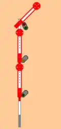 oberster Flügel 45° nach oben rechts, übrige Flügel senkrecht am Mast