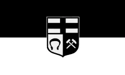 Stadtflagge mit Wappen auf quergestreiftem schwarz-weißem Grund