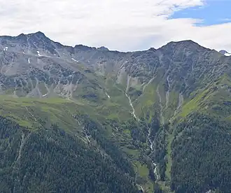 Tschadinhorn (links) und Schönleitenspitze (rechts) gesehen von der Südflanke des Figerhorns