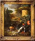 Toter Reiher als Teil der Jagdbeute auf einem Gemälde des niederländischen Malers Jan Weenix, Metropolitan Museum of Art (1695)