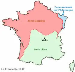 État français (grüne Zone), deutsch besetzt (rote Zone)