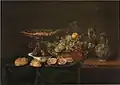 Stillleben mit Obst, Fisch und Austern, sign. & dat. „franchois ykens fecit“ 1646, Öl auf Holz, 74 × 105 cm, Prado, Madrid