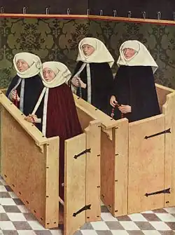Hochaltarretabel St. Georg, Nördlingen, Flügel rechts außen, Szene mit Jakob Fuchsharts Gattin und seinen Töchtern