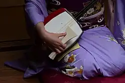 Trotz ihrer Größe (siehe rechte Hand) zählen die „Bachi“ zum Spielen der Shamisen zu den Plektren
