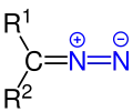 Allgemeine Struktur der Diazoverbindungen mit der blaumarkierten Diazo-Gruppe. R = H oder Organylgruppe