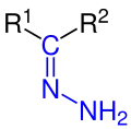 Allgemeine Struktur der Hydrazone mit der blau markierten Hydrazo-Gruppe. R = H oder Organylgruppe