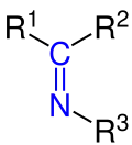 Allgemeine Struktur der Imine mit der blau markierten Imino-Gruppe. R = H oder Organylgruppe