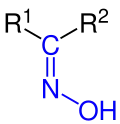 Allgemeine Struktur der Oxime mit der blau markierten Oximgruppe. R = H oder Organylgruppe