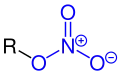 Allgemeine Struktur des Salpetersäureesters mit der blaumarkierte Salpetersäureester-(Nitrat-)Gruppe