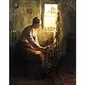 Wollspinnerin am Fenster