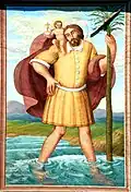 Christopherus-Fresko an der Südwand der Pfarrkirche in Abtei