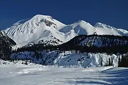 Ein großer schneebedeckter Berg thront an einem klaren Tag über Bäumen und einem schneebedeckten See