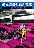 Ausgabe 7, Mann mit Boxershorts und Sonnenbrille vor moderner Stadtszenerie (schwarz/weiß mit gelb, lila und blau)