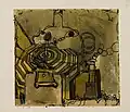 Gaunermaschine, Öl/Tusche/Collage auf Papier, 1975