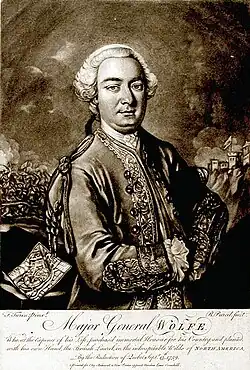 Druck aus dem 18. Jahrhundert, bestehend aus einem Idealporträt von General James Wolfe in Uniform und einer Inschrift, die seinen Soldatentod in der Schlacht auf der Abraham-Ebene im Jahr 1759 rühmt