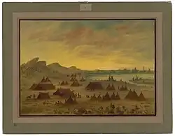 Das Bild zeigt ein Zeltdoft an einem See. Es ist eine in einem Rahmen eingefasste Zeichnung.