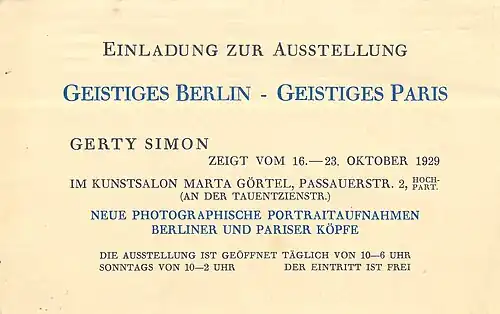 Gerty Simon - Einladung zur Ausstellung 'Geistiges Berlin - Geistiges Paris', 1929
