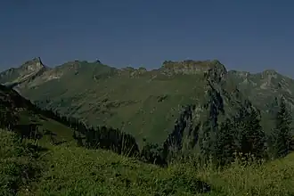 Bergächtle (Der linke Eckpunkt des annähernd gleich hohen Grates) vom Rosskopf. Rechts davon (Der Berg über der linken der drei Fichten am rechten Bildrand) der Giebel. Ganz links am Bildrand der Schneck.