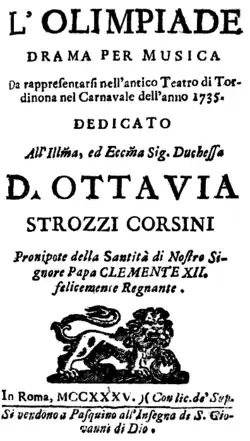 Giovanni Battista Pergolesi – L'Olimpiade – Titelseite des Librettos –Rom 1735