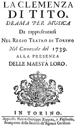 Giuseppe Arena – La Clemenza di Tito – Titelseite des Librettos – Turin 1739