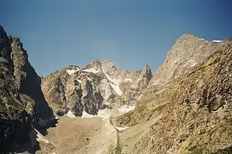 Glacier Noir, Pic Coolidge (Mitte) und Barre des Écrins (rechts) auf dem Weg von Ailefroide zum Glacier Blanc.
