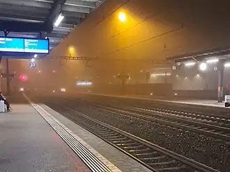 Gleis 3 an einem nebeligen Abend. Die Bahnsteige besitzen Bildschirme, welche Informationen wie Zugkomposition oder Verspätungen anzeigen.