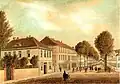Blick in die Alleestraße mit dem Kuppelbau der Neuen Anatomie im Hintergrund. Aquarellierte Federzeichnung von Friedrich Besemann, um 1840.