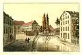 Partie am Leinekanal, links das Michaelishaus, rechts das Grätzelhaus (Friedrich Besemann, um 1820)