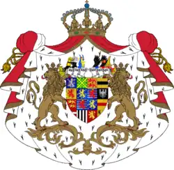 Der Sayner Löwe im Wappen von Adolf von Nassau-Weilburg, Großherzog von Luxemburg, Herzog von Nassau (untere Reihe, 2. von links)