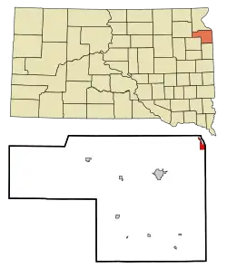Lage von Big Stone City im Grant County (unten) und in South Dakota (oben)
