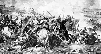Preußische Kavallerie im Kampf mit französischer Infanterie, Zeichnung von Juliusz Kossak