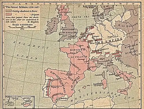 Historische Karte des abendländischen Schismas