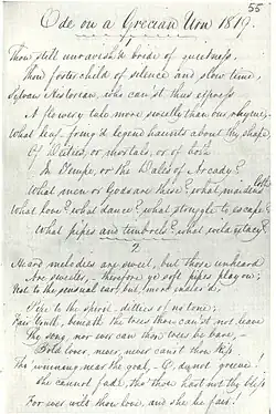 Manuscript in Keats’s hand titled “Ode on a Grecian Urn 1819.” It is a fair copy in pen and ink of the first two verses of the poem. The writing is highly legible, tall and elegant, with well-formed letters and a marked slope to the right. The capital letters are distinctive and artistically formed. Even-numbered lines are indented with lines 7 and 10 are further indented. A scallopy line is drawn beneath the heading and between the verses.