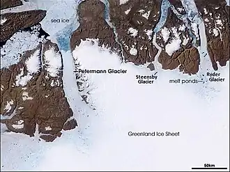 Der Ryder Gletsjer mit seinen Schmelzwasserseen (rechts) auf einem Satellitenfoto