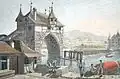 Grendeltor und Schwirren von Nordosten her betrachtet. Rechts im Hintergrund das Ravelin «Kratz», im Vordergrund die Schifflände. Kolorierter Kupferstich von Hans Jakob Kull, um 1820