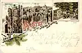 Die drei Attraktionen der Bastei: Basteifelsen, Brücke und Hotel (Ansichtskarte 1897)