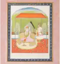 Guru Angad sitzend auf einer Terrasse unter einem Baldachin mit einem Diener, Punjab-Ebene, um 1830.