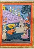Guru Angad nimmt Abschied von Guru Nanak, Gemälde von einem Janamsakhi aus den 1830er Jahren.