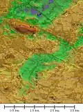 Höhendarstellung mit Isohypsen: Das Bild zeigt einen Ausschnitt einer SRTM-Datei überlagert mit einem SPOT-Bild der Region Pinneberg. Die namensgebende Erhebung der Stadt ist in dem sonst flachen Gebiet gut erkennbar.