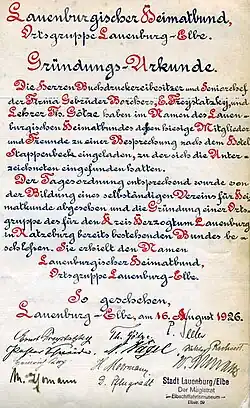 Urkunde von 1926 aus Lauenburg