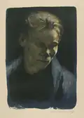 Brustbild einer Arbeiterfrau mit blauem Tuch, 1903, Kreide- und Pinsellithographie, Schabnadel