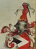 Stammwappen, von Albrecht Dürer auf der Haller-Madonna um 1496, hier spiegelverkehrt abgebildet, dort dem Wappen der Ehefrau zugewandt.