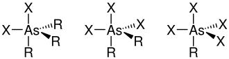 Allgemeine Struktur von Halogenarsoranen; von links nach rechts: Dihalogenarsorane, Trihalogenarsorane und Tetrahalogenarsorane