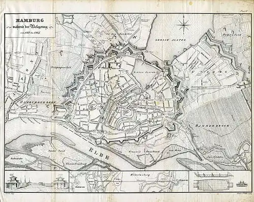 Lage des Stintfangs auf der Bastion Albertus der Wallanlagen, im Bereich Jonashafen, Johannisbollwerk, Hafentor, Eicholz, Kuhberg (Neddermeyer, 1813/14)