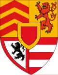 Wappen der Grafschaft Hanau-Lichtenberg bis 1642: Quadranten: Grafschaft Hanau, Grafschaft Zweibrücken, Herrschaft Lichtenberg, Herrschaft Ochsenstein; Mittelschild: Herrschaft Bitsch