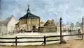 Das Frankfurter Tor 1809, noch erkennbar die Wassergräben. Aquarellzeichnung von Bernhard Hundeshagen.