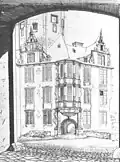 Ansicht des Erkerbaus während des Abbruchs. Federzeichnung von J.&nbsp;C. Stawitz, 1829.